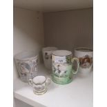 Collection of royalty mugs, Crown Derby small cup etc.
