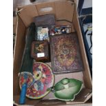 Box of collectables includes collection of old buttons.