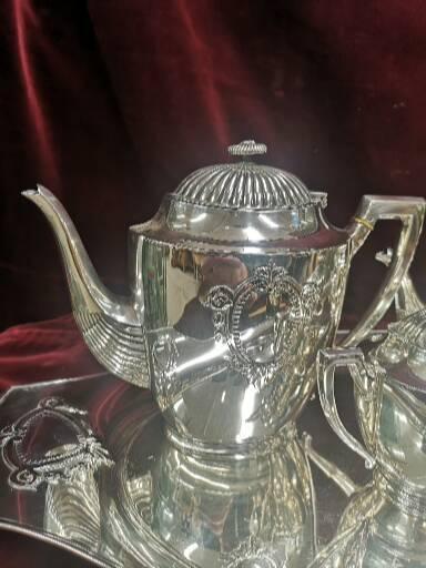 Contential White Metal 4 piece art nouveau tea set includes tray. 2930g - Image 2 of 6