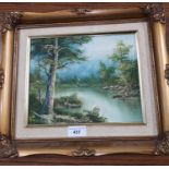 Oil Painting of river countryside scene signed Caffè.