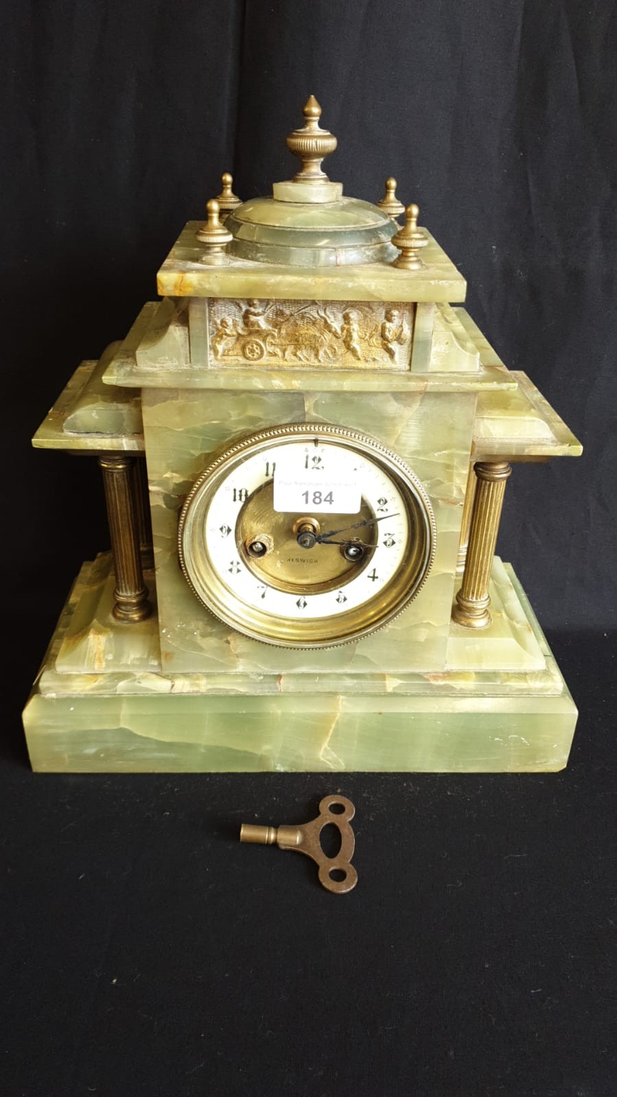Stunning Victorian Onyx and Brass Corinthian Collumn Clock Keswick On Face Possibly From Arts And