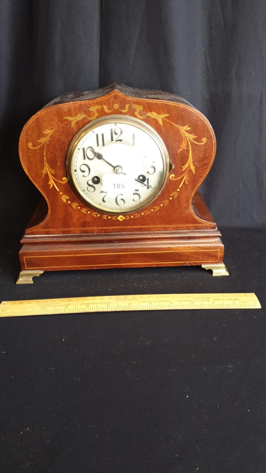 Large Stunning Edwardian Mantel Clock With Beautiful Inlays on Brass Feet Has Pendulum - Image 2 of 4