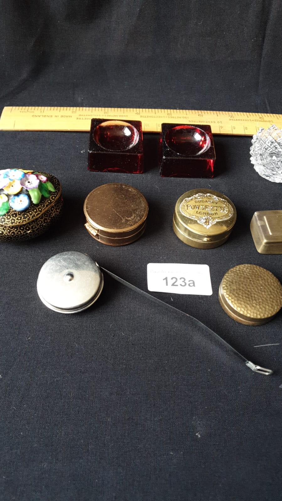 Selection of assorted boxes trinket boxes snuff boxes , measuring tape poweder puffs etc . - Image 3 of 4