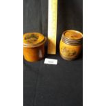 Rare Mauchline ware ladys powder puff and barrell bank.