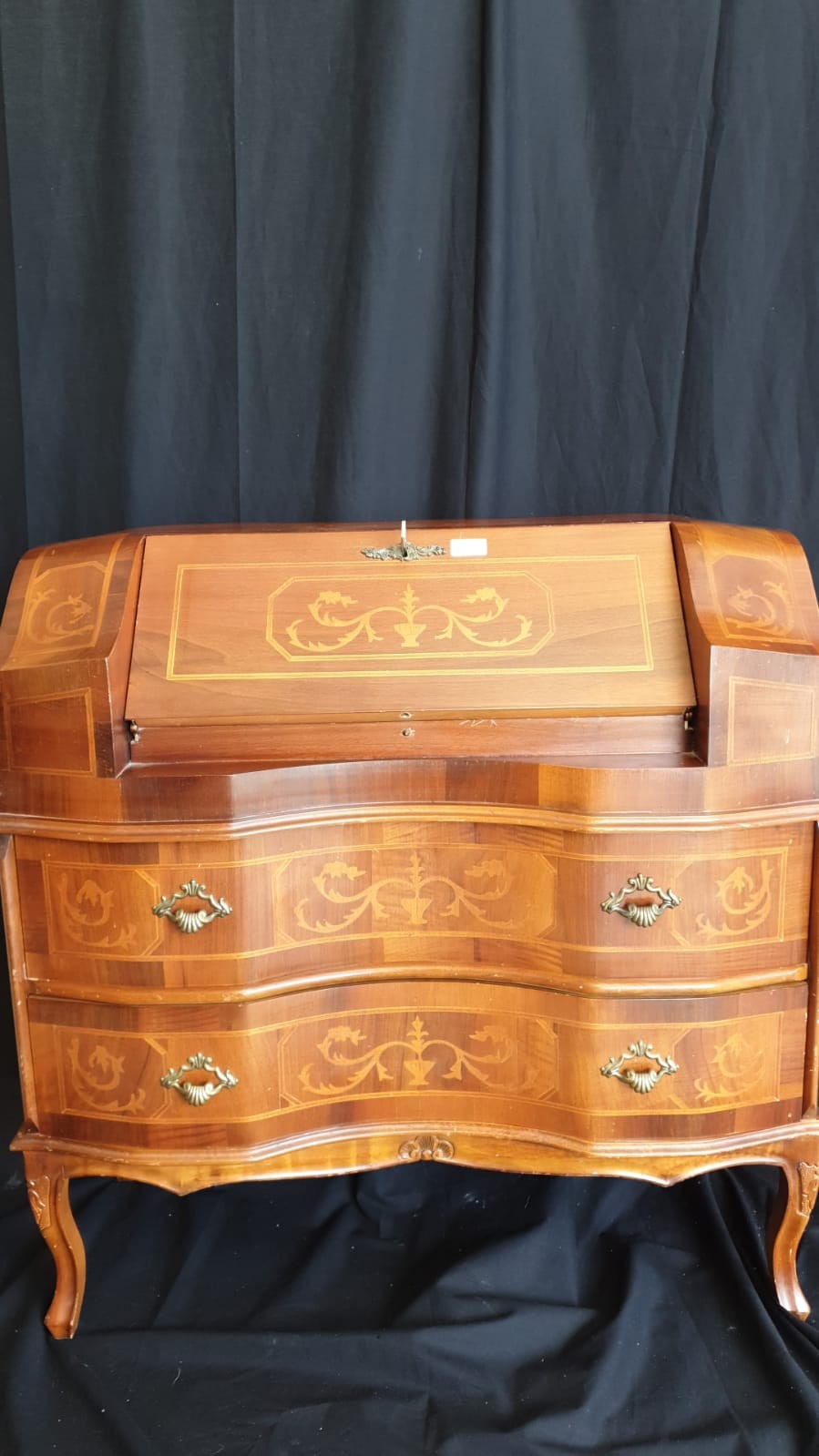 Beautiful Inlaid Serpentine Front Writing Bureau With Fall Front And Fitted Drawers. With Key