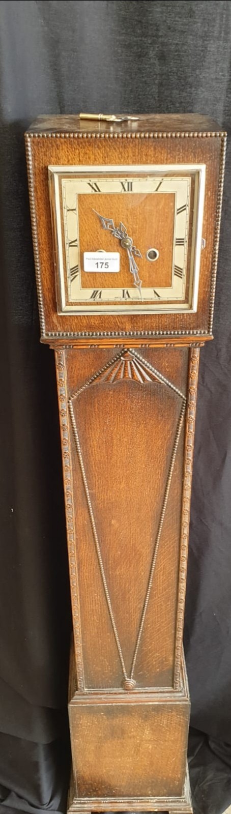 Stunning Grandmother Clock In Deco Style Oak Case Key And Pendulum Ticking Away.