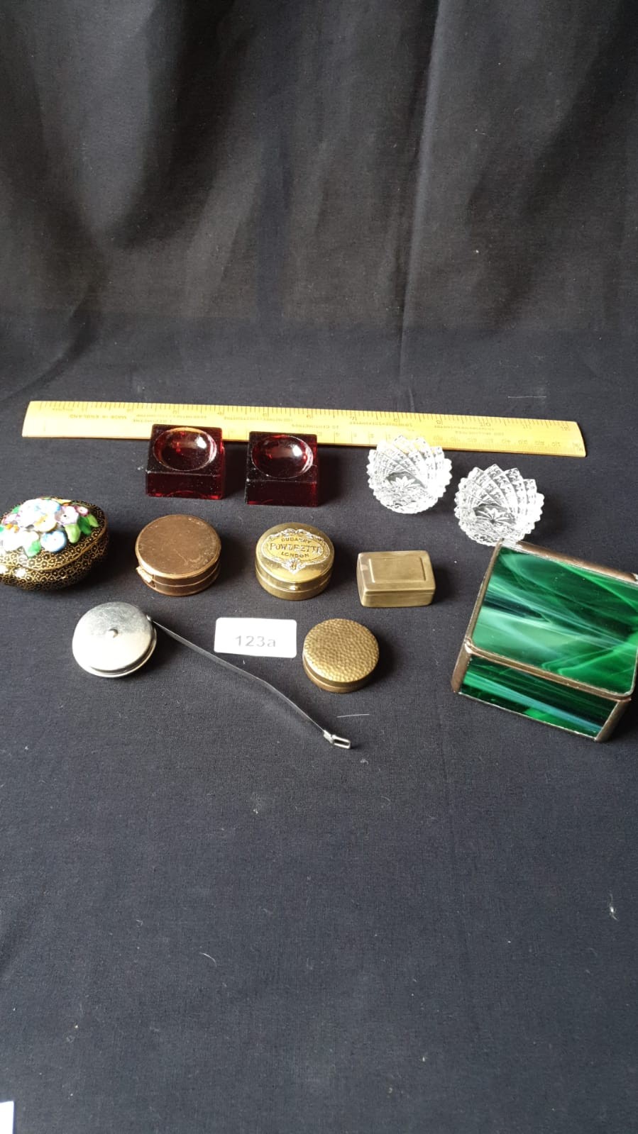 Selection of assorted boxes trinket boxes snuff boxes , measuring tape poweder puffs etc . - Image 4 of 4