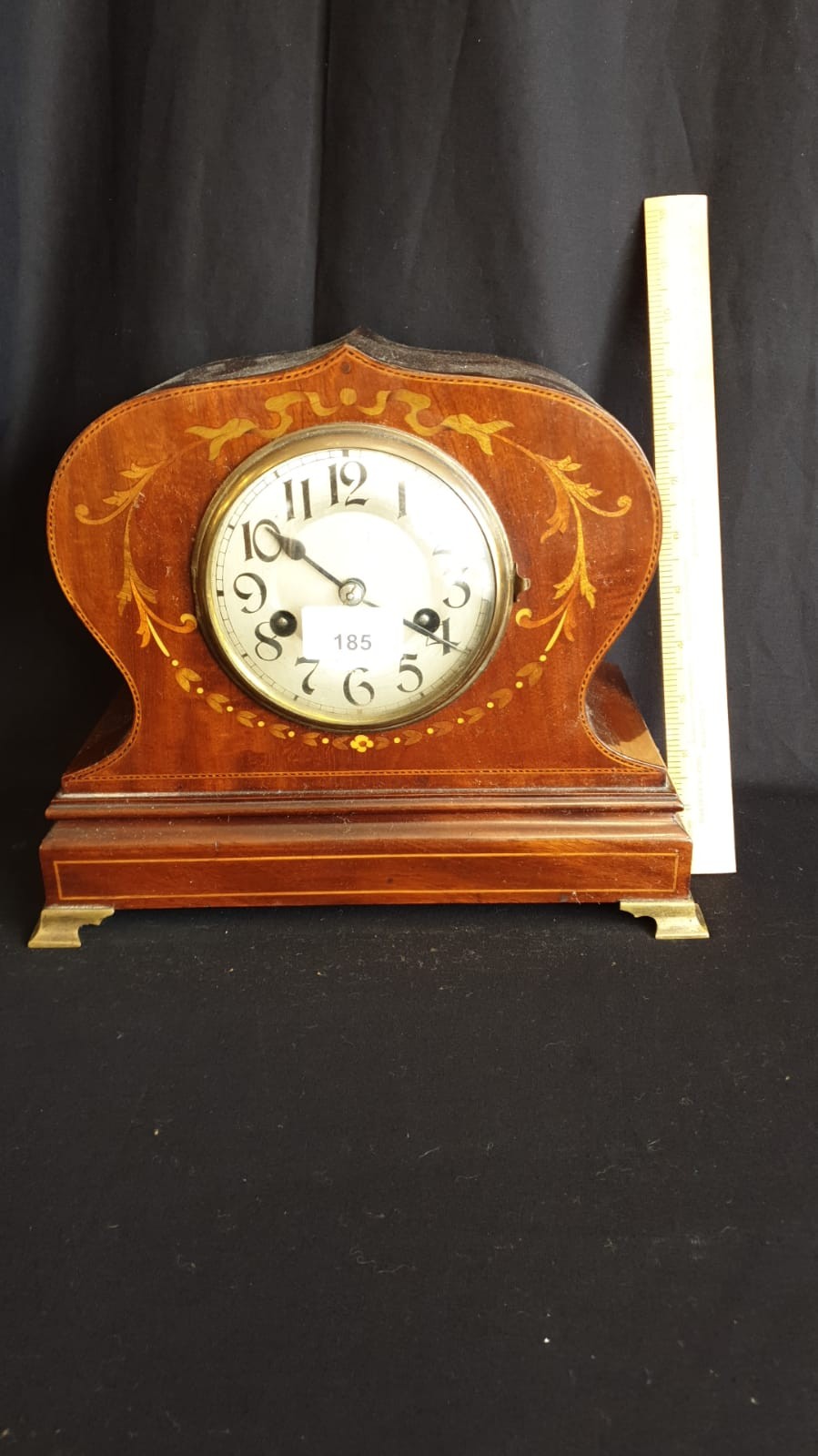 Large Stunning Edwardian Mantel Clock With Beautiful Inlays on Brass Feet Has Pendulum