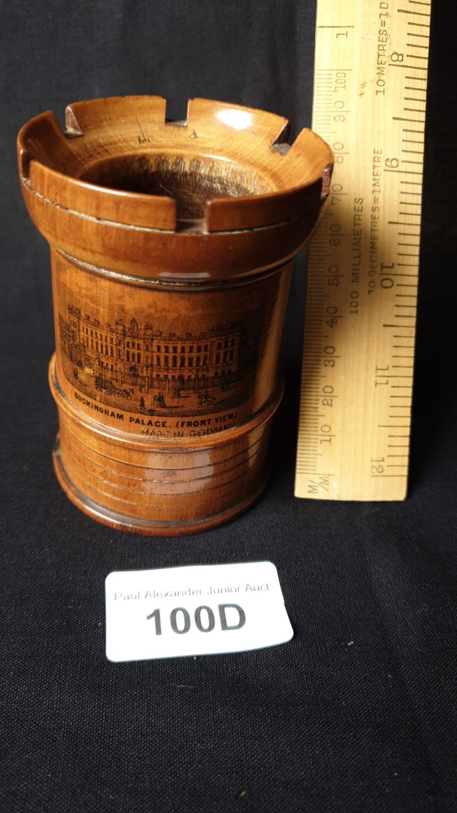 Rare Mauchline ware pen / pencil holder buckingham palace front view.