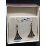 Pair of Ornate Silver Blue Detailed Earrings.