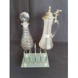Art Deco Decanter, Stunning Wine Carraffe With Metal Fittings And Deco Style Toast Rack