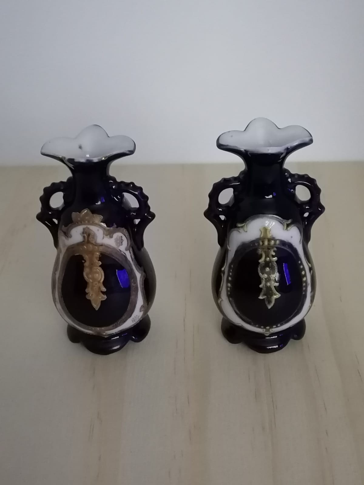 Pair of limoge style blue back ground vases depicting French style scene. - Image 2 of 3