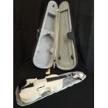 Quality white violin with bow in fitted case.