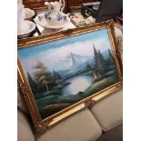 Large oil Painting countryside scene signed in gilt frame.