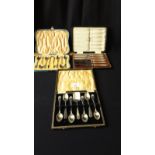 Walker & Hall boxed tea knife set and 2 Boxed set tea spoons and tongs .