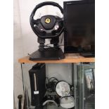 Xbox 360 console with power supply and games including ferrari steering wheel etc.