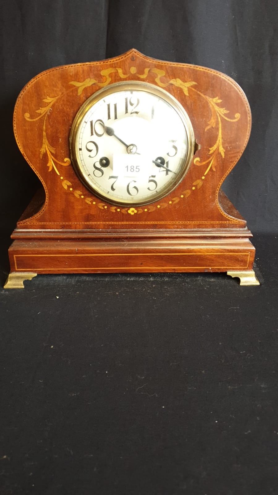 Large Stunning Edwardian Mantel Clock With Beautiful Inlays on Brass Feet Has Pendulum - Image 4 of 4