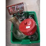 Box of glass ware, ceramic cooking pot etc.