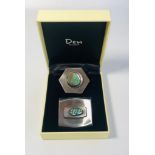 2 retro Vintage stainless steel and abalone stone brooches. Includes one Signed Lythos, England.