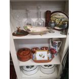 3 shelves of collectables includes Edinburgh crystal decanters, wedgewood studio pair of tureens