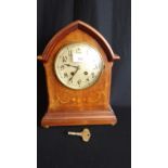 Edwardian Cathedral Shaped Top Inlaid Mantel Clock With Key And Pendulum