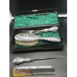 Silver Hall marked birmingham 4 piece set includes brush, button hook shoe horn and combe in
