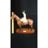 Large Beswick Racehorse And Jockey On Wooden Plinth