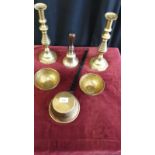 Pair of brass candle sticks , brass school bell , brass scoop pot together with 2 Arabic .