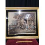 Victorian family at home scene print in heavy gilt frame..