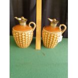 Pair Of Victorian Glazed Pottery Flagons With Silver Plated Pourers And Stoppers.