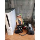 Xbox 360 console with power supply, controller and game.