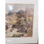 Large water colour of scottish river scene set in oak frame.