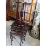 Mahogany nest of tables with fitted case preserves together with plant stand.