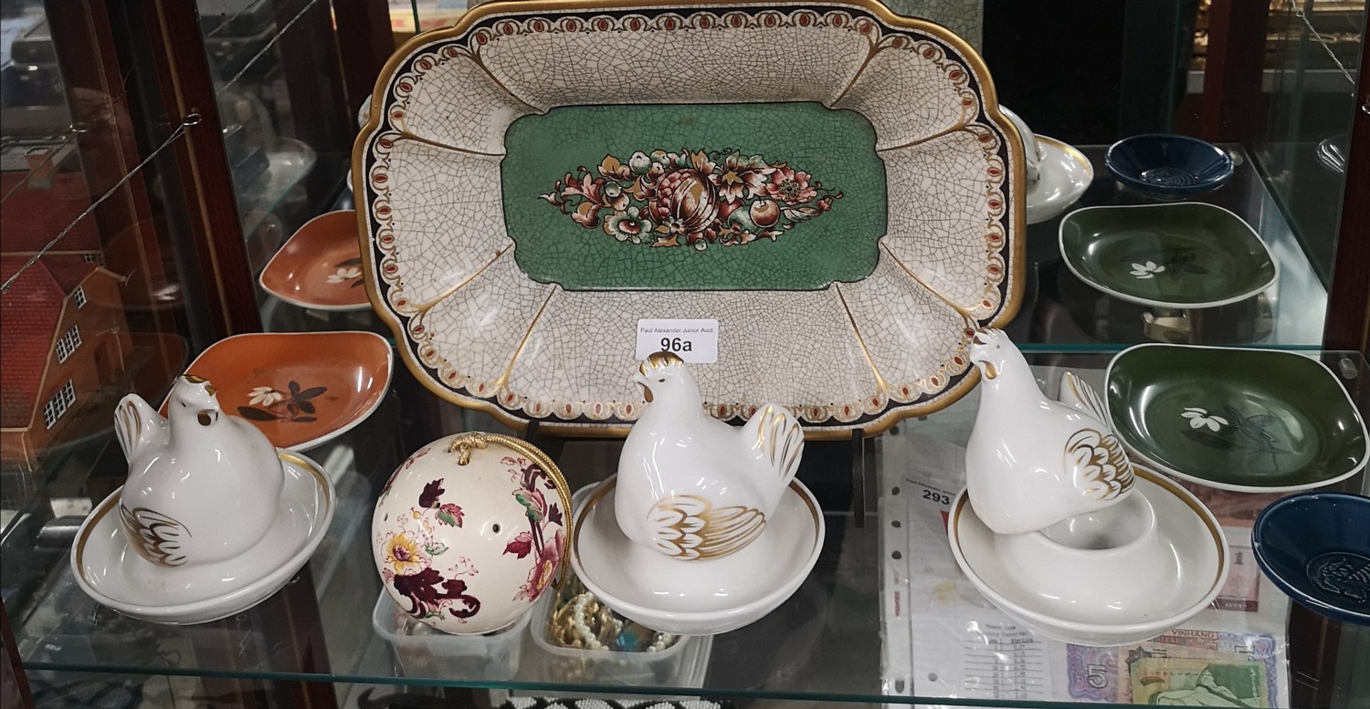 Shelf of collectables includes Royal Worcester porcelain hen ornaments, french pin dish,