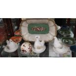 Shelf of collectables includes Royal Worcester porcelain hen ornaments, french pin dish,