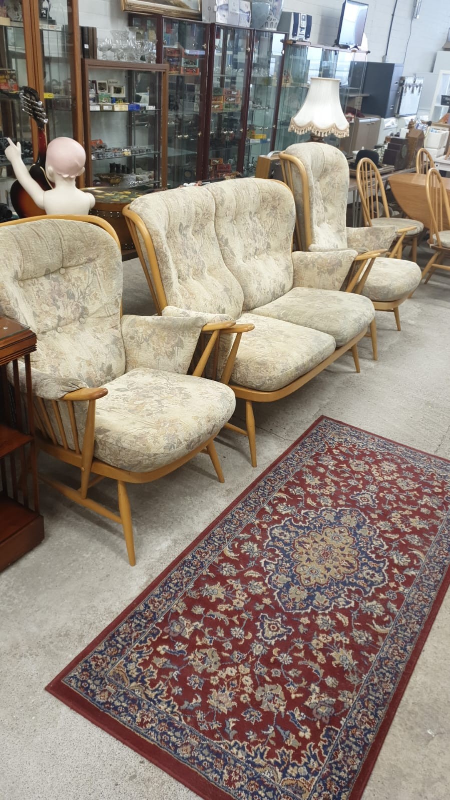 Ercol Blonde wood 3 piece suite with original cushions.