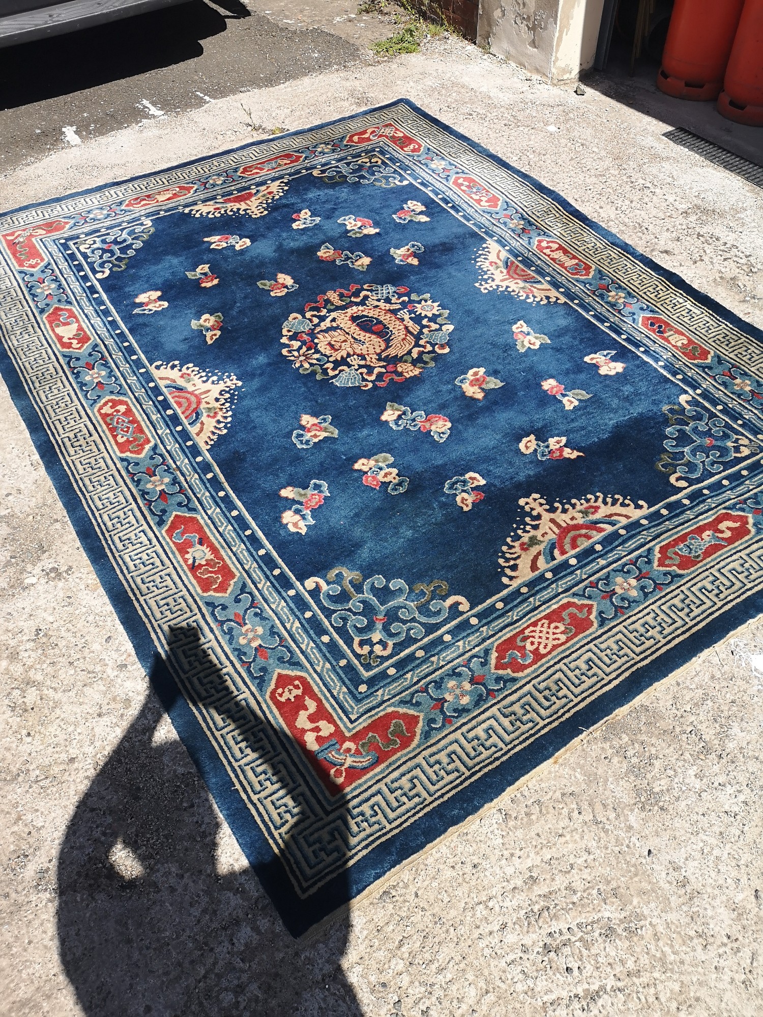 Large woven dragon pattern rug. 86 inches width, by 116 inches in length. - Image 3 of 4