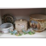 Shelf of collectables. Includes victorian porcelain planter, victorian cheese dish with cover,