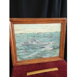 Large oil Painting depicting Royal navy war ships signed K H Locket. 22 inches in length by 18