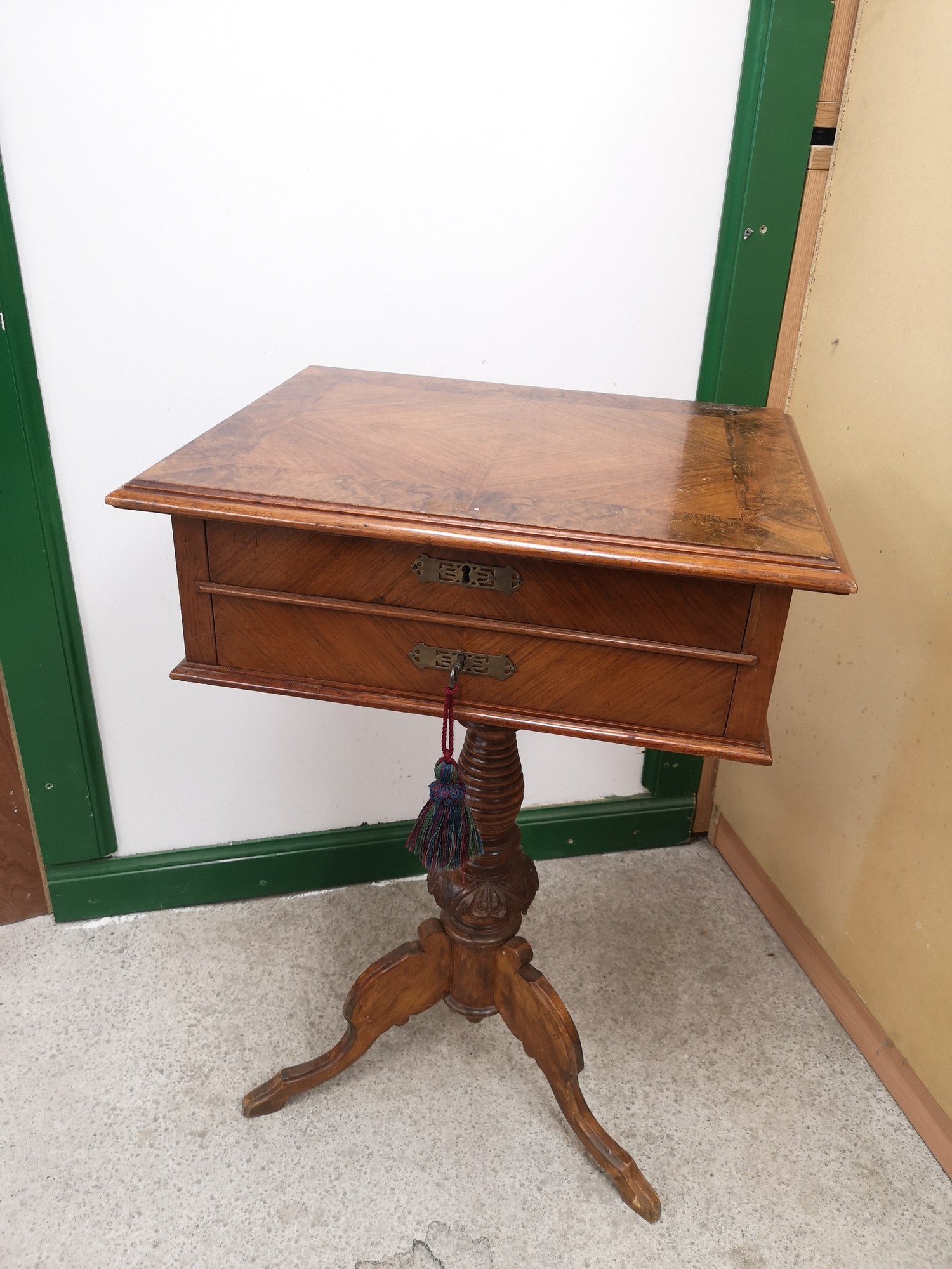 Victorian Walnut single pedistal sewing box with 2 drawers and key.
