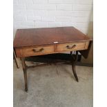 Reproduction drop leaf liar end table with 2 drawers. 5ft extended out with leafs in length.