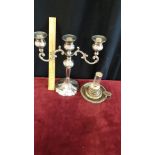 Beautiful Silver plated 3 brach candleabra together with silver plate novelty 1900s candle holder