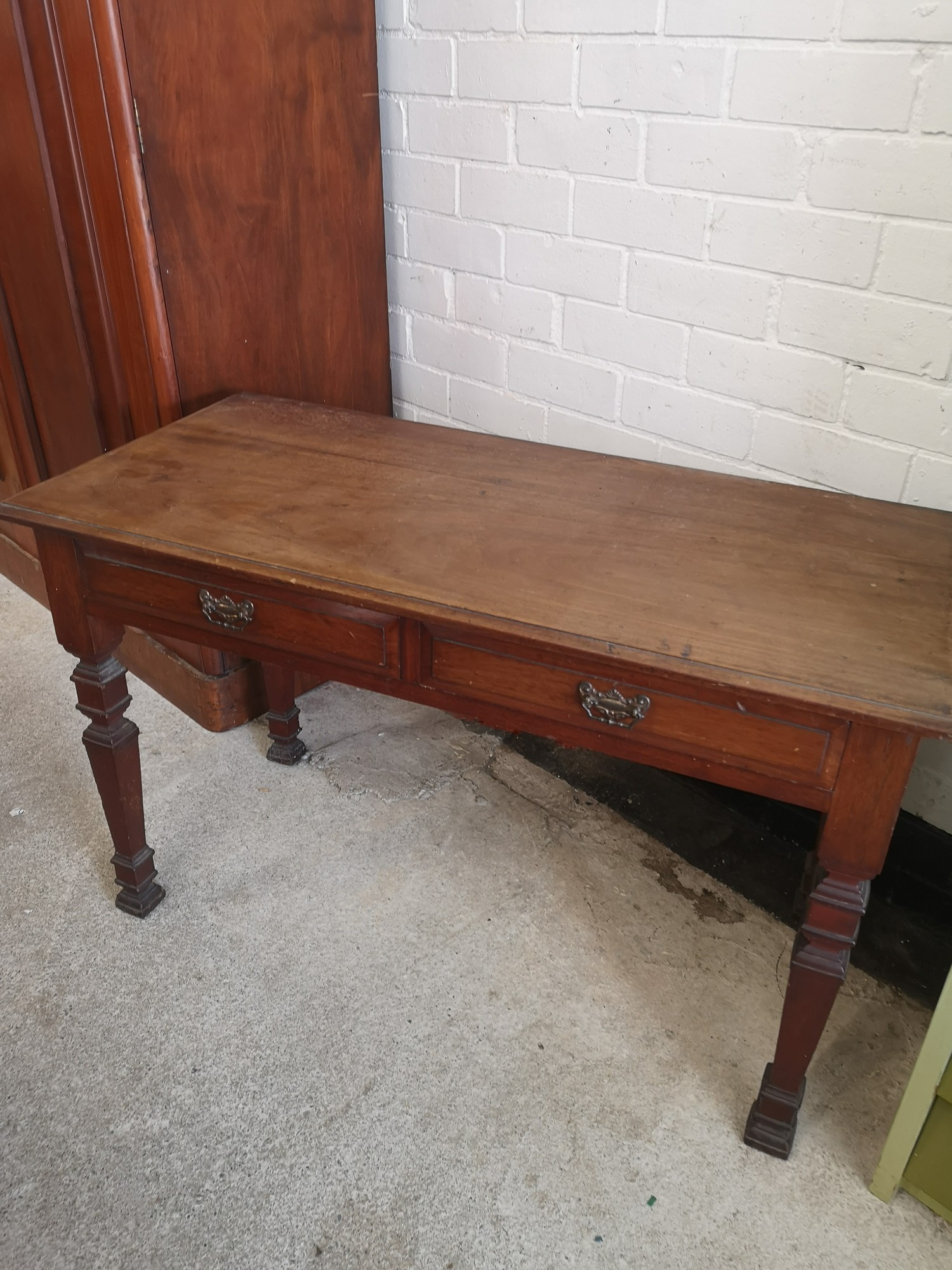 Late 18th century 2 drawer console table with fitted handles.