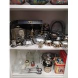 2 shelfs of silver plated items etc.