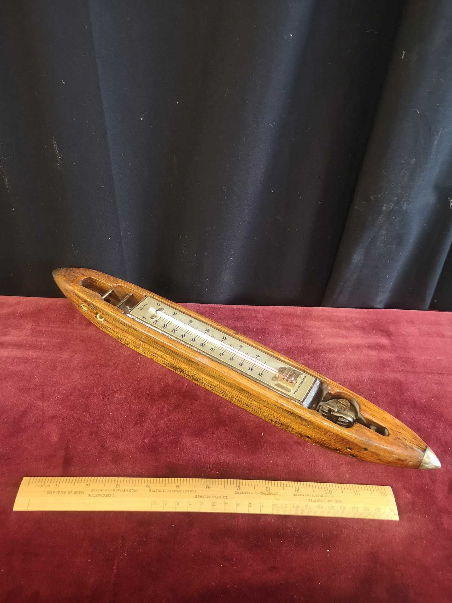 Arts and crafts thermometer made from light oak loom item.. 16 inches in length. End