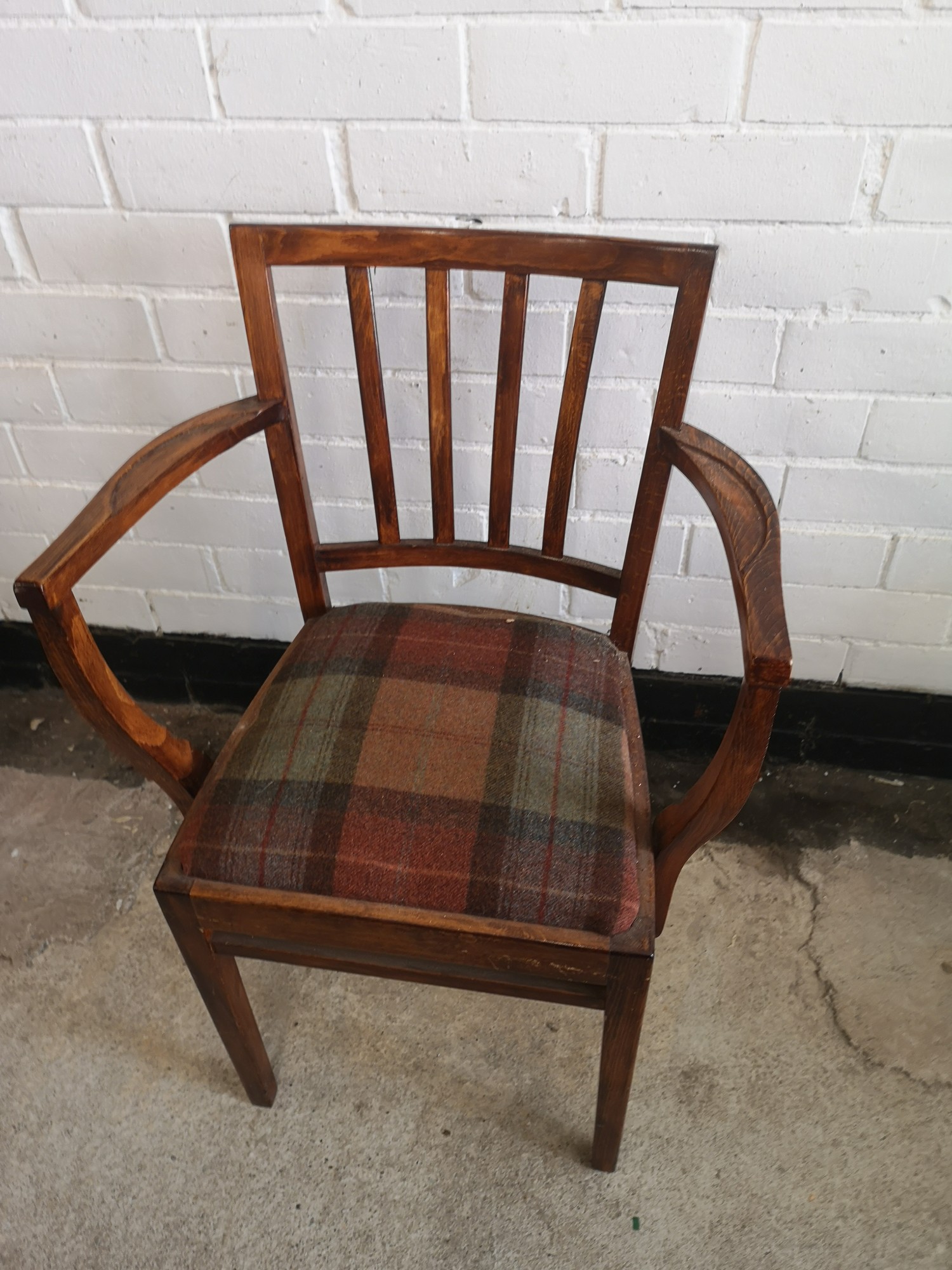 Arts and crafts arm chair with tartan upholstery. - Image 2 of 3