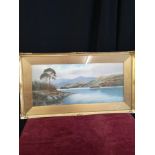 Scottish water colour of loch Highland scene signed Annette Darsons. In gilt frame.