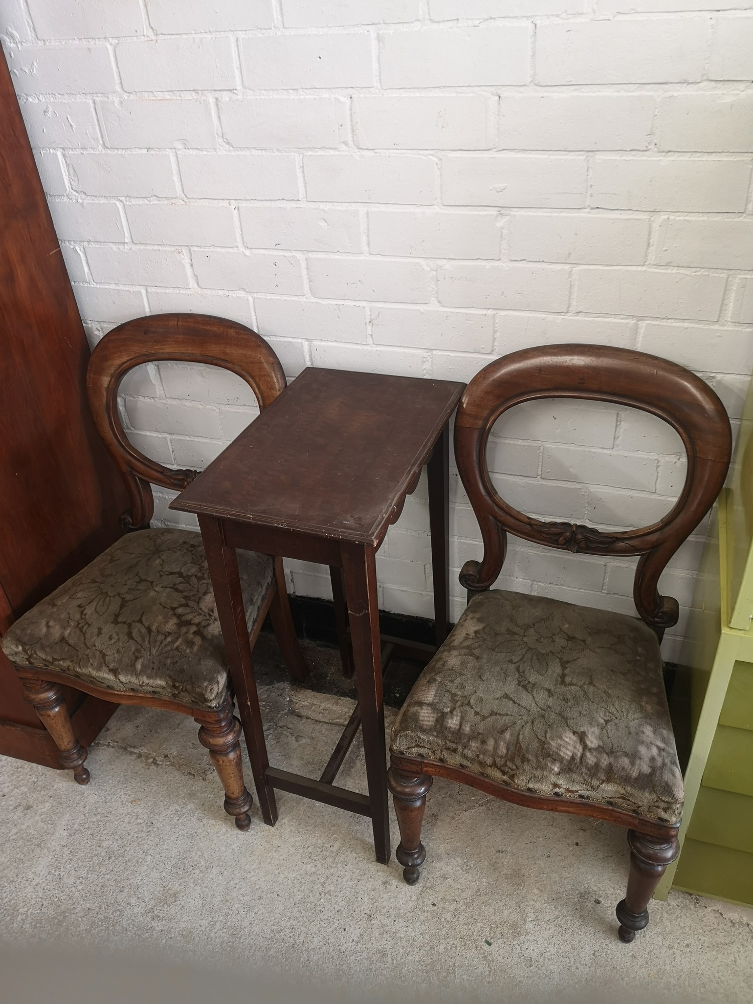 Pair of victorian balloon back chairs with 20th century contemporary table.