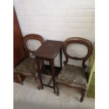 Pair of victorian balloon back chairs with 20th century contemporary table.