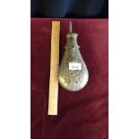 Large early brass American military powder flask. 9.5 inches in length.